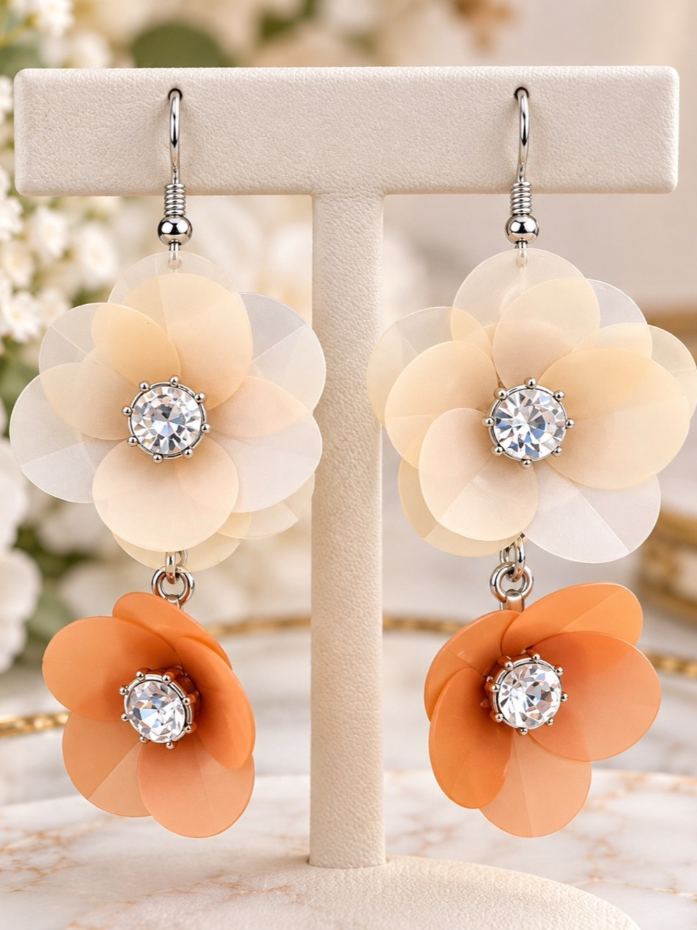 Floral Dangle Earrings in Orange & Cream Like New